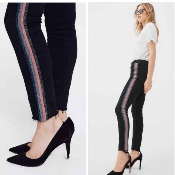 MOTHER High Waisted‎ Looker Ankle Fray in Guilty Glitter Racer Stripe Size 29 - Picture 1 of 11